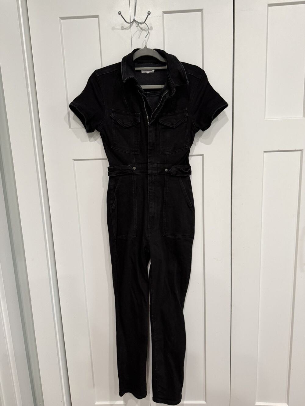 Good American Size 2 Fit For Success Denim Jumpsuit Black Zip Utility Stretch